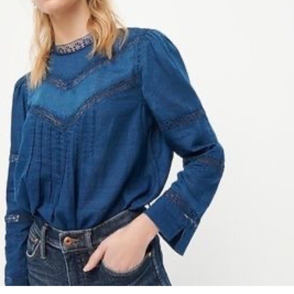 J CREW Lace-Trim Indigo Blouse Women’s Size XXS High Neck Pleated Peasant Voile